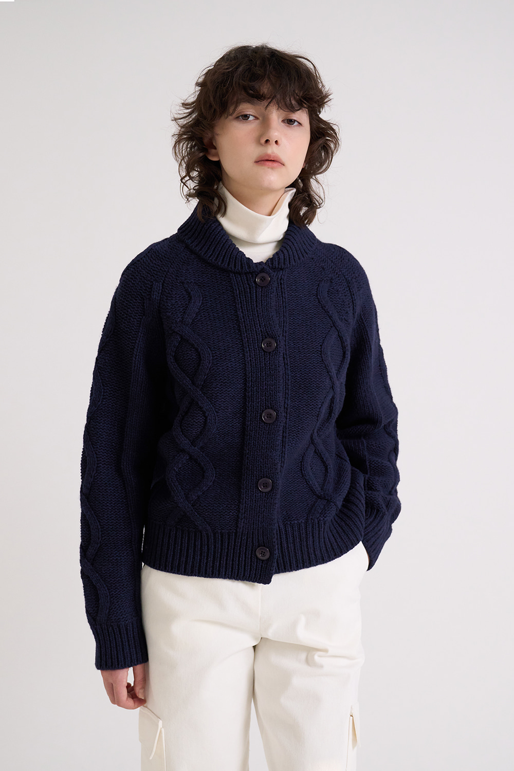 Cable wool cardigan _ Navy
